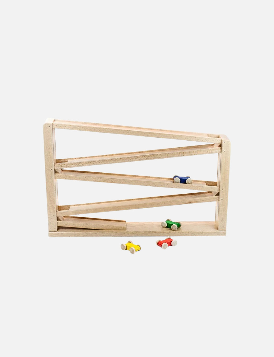Wooden marble run toy with colourful cars on a white background