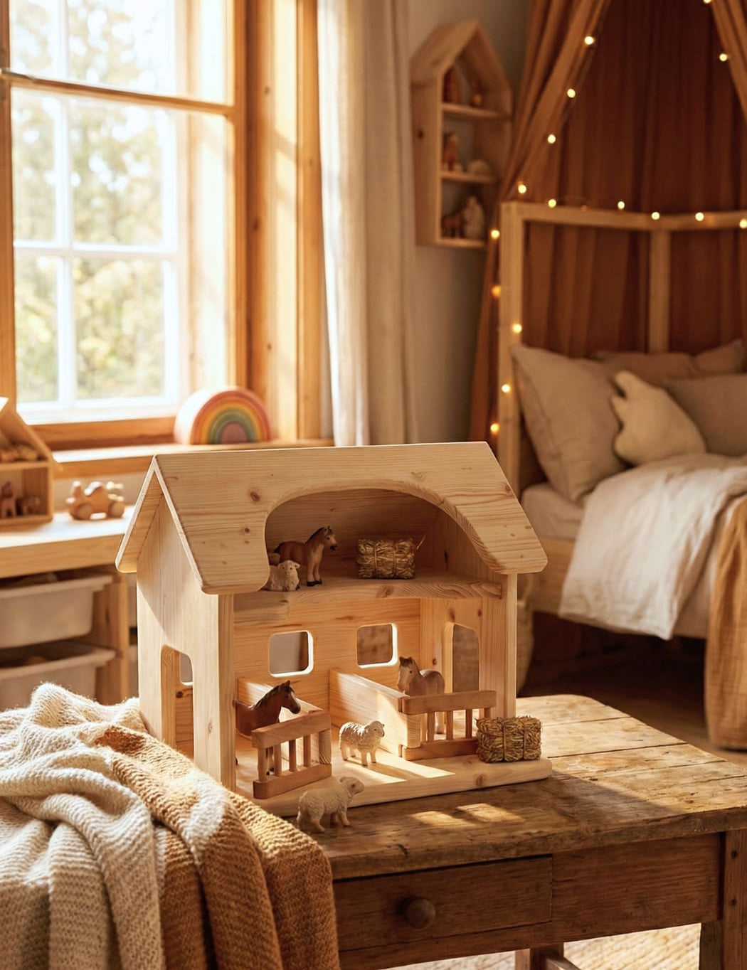 Wooden dollhouse with animals on a wooden table in a cozy room with a bed and window.