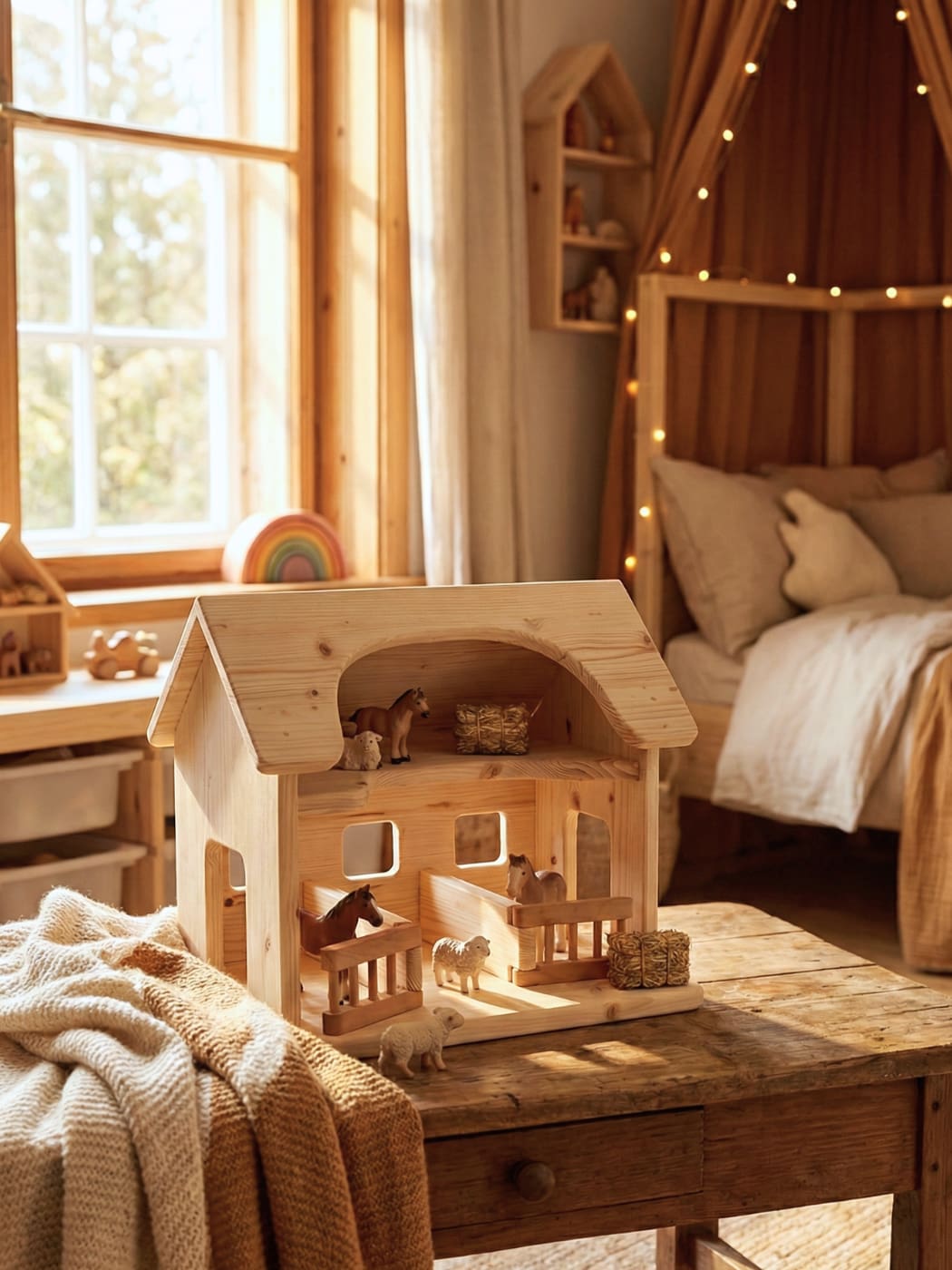 Wooden dollhouse with animals on a wooden table in a cozy room with a bed and window.