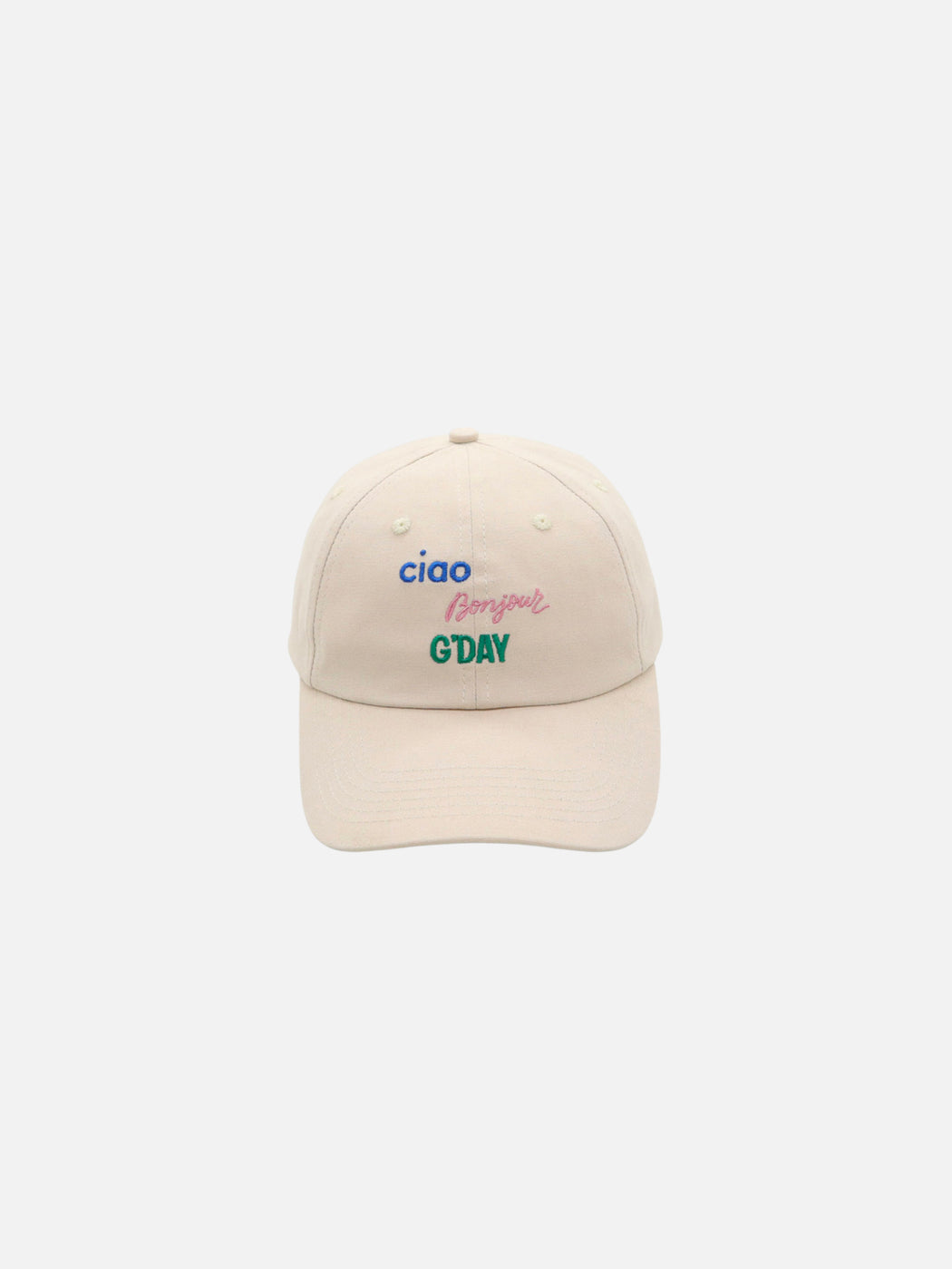 a cap for kids with the words ciao bonjour g'day written on the front