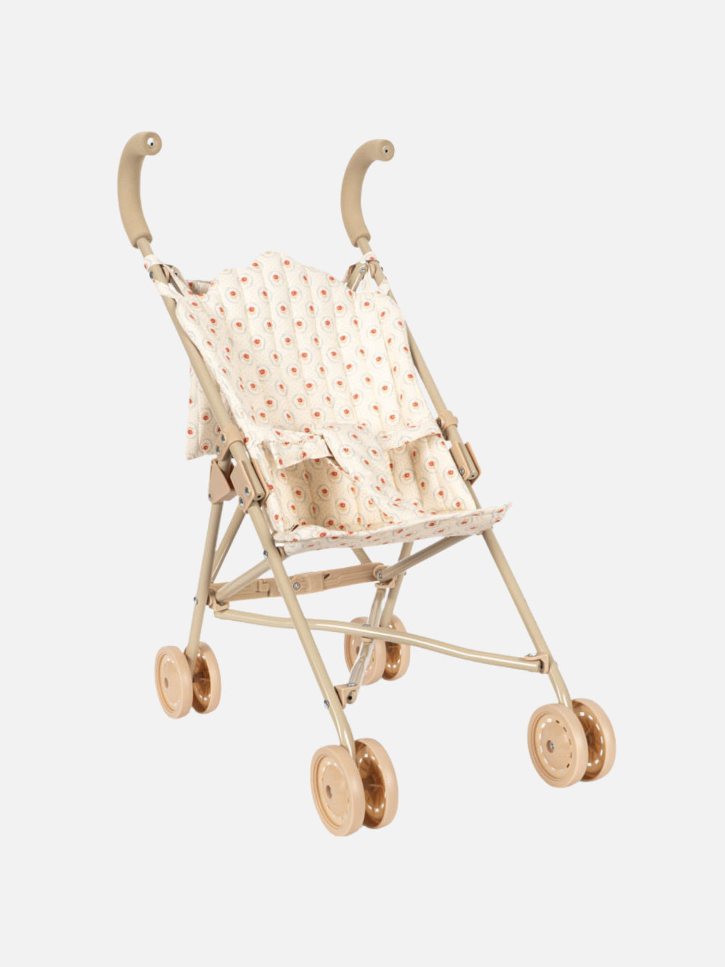 Miniature doll stroller with a polka dot seat on a white background