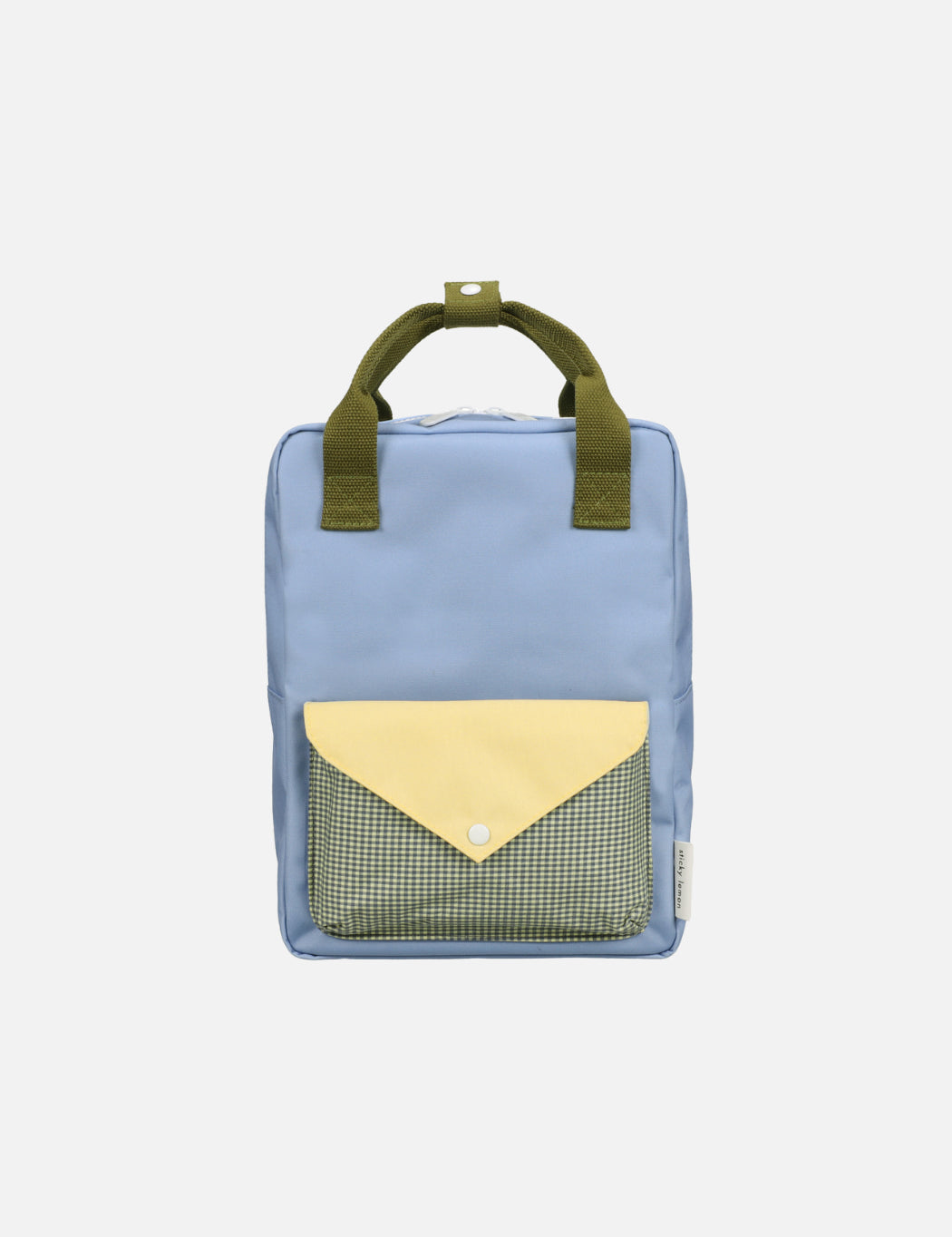 Small blue backpack with a yellow flap and green straps on a white background