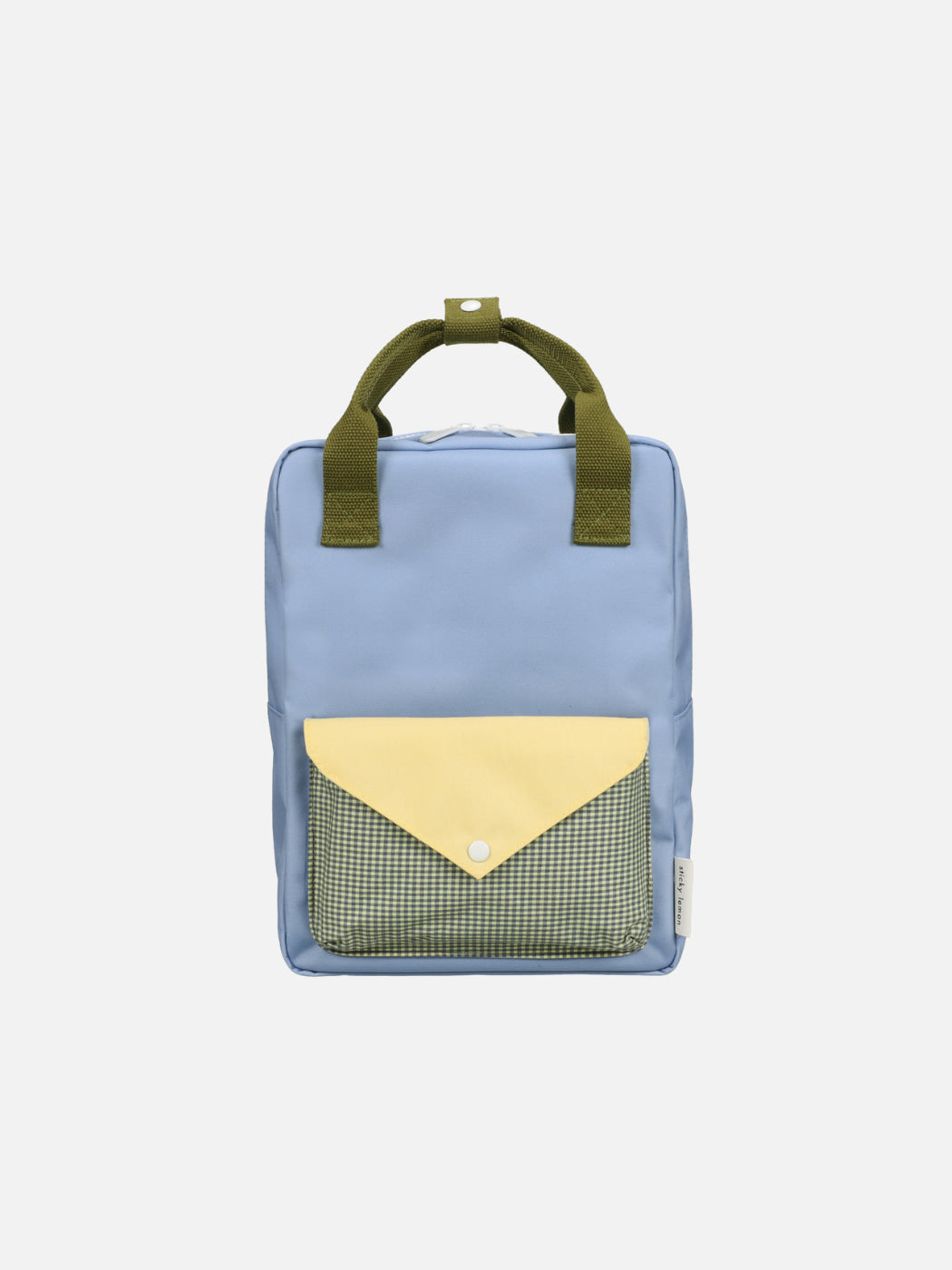 Small blue backpack with a yellow flap and green straps on a white background