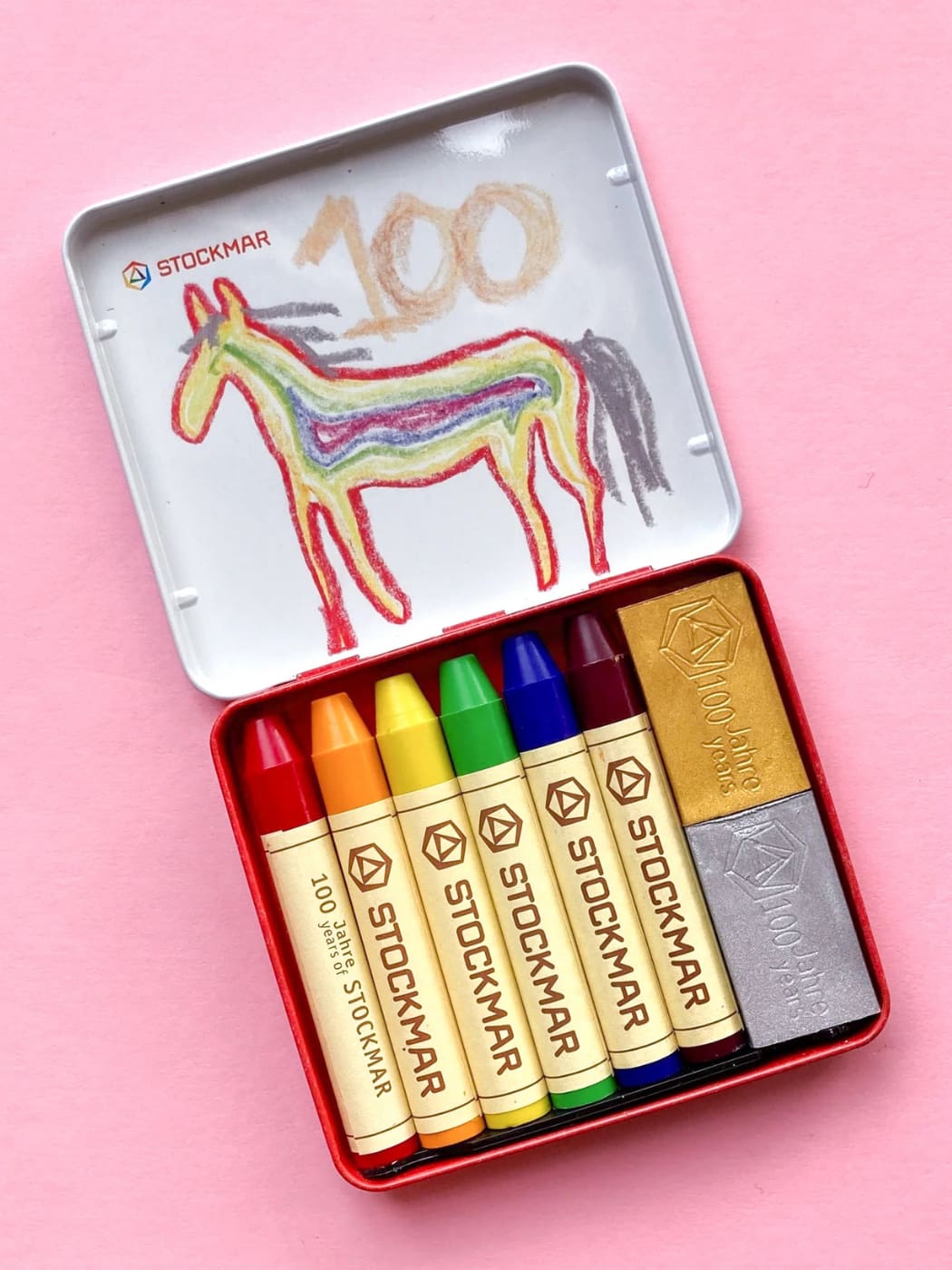 Dose mit 8 Wachsmalstiften - Sonderedition Regenbogen