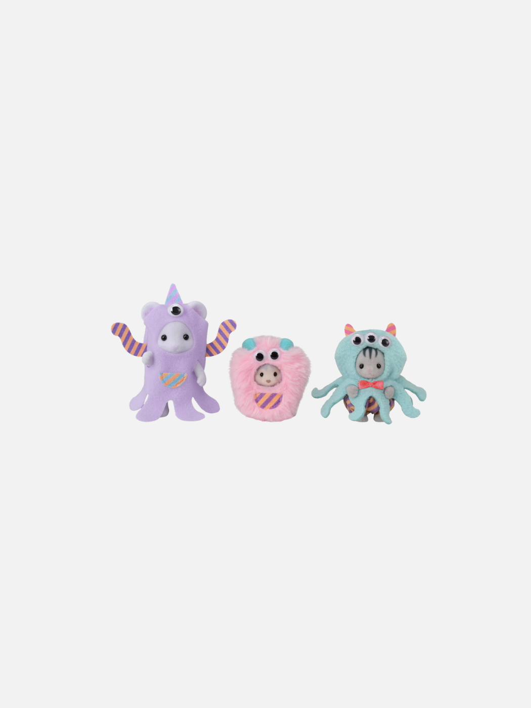  three Sylvanian Families babies wearing Funny Monster costumes