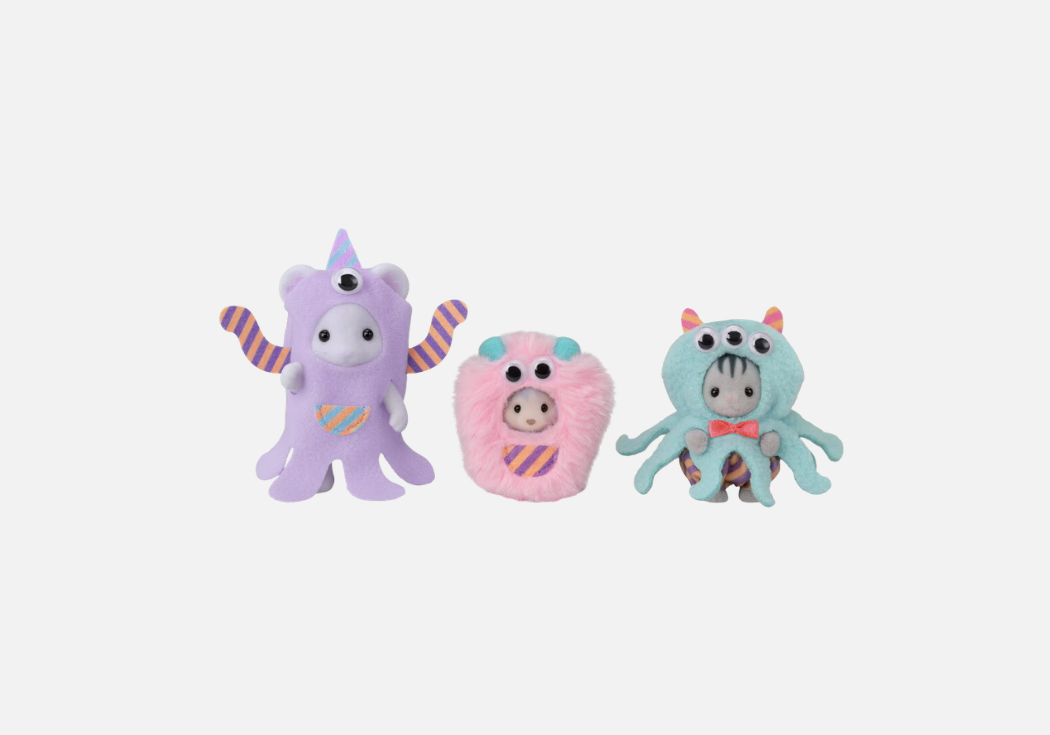  three Sylvanian Families babies wearing Funny Monster costumes