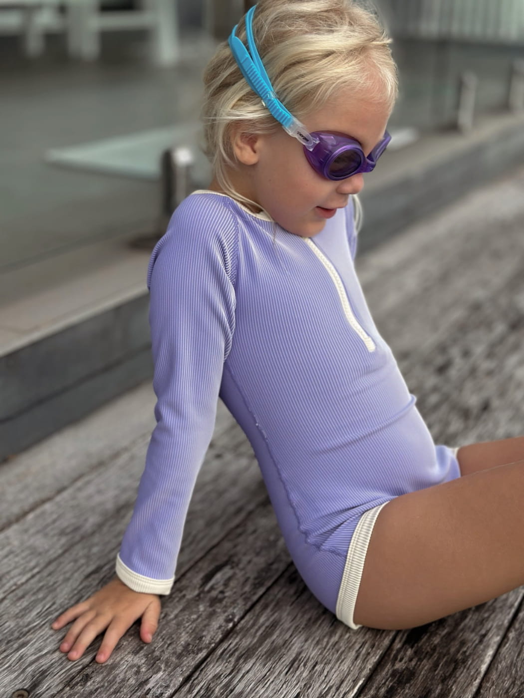 Rib Rashie Onesie - Grape Mini Stripe