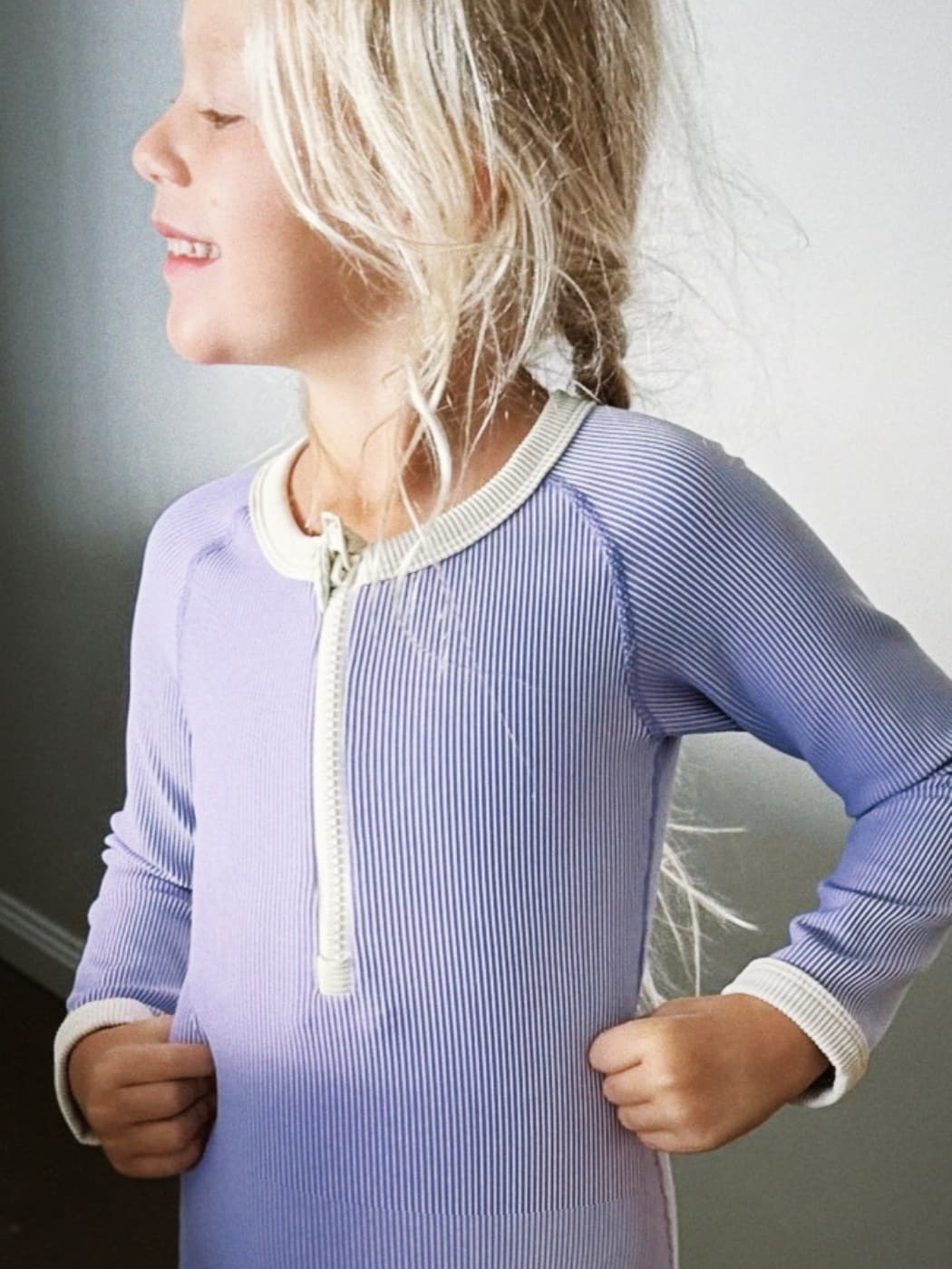 Rib Rashie Onesie - Grape Mini Stripe